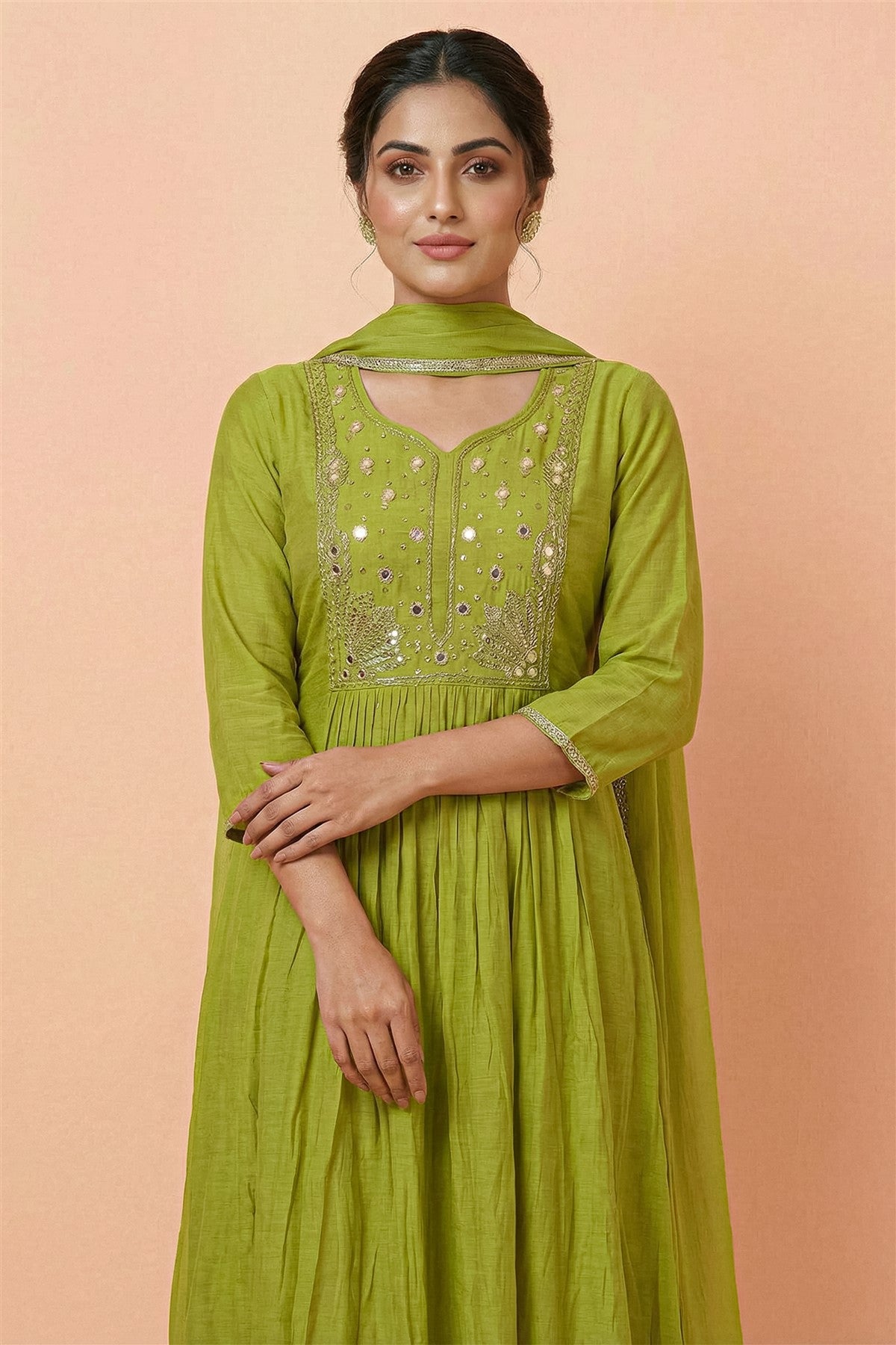 Mul Chanderi Solid Lime Green Kurti Set With Dupatta