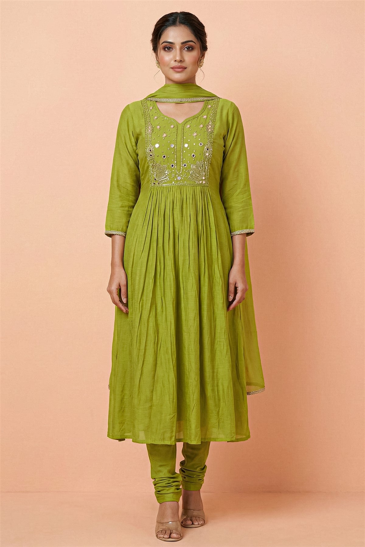 Mul Chanderi Solid Lime Green Kurti Set With Dupatta