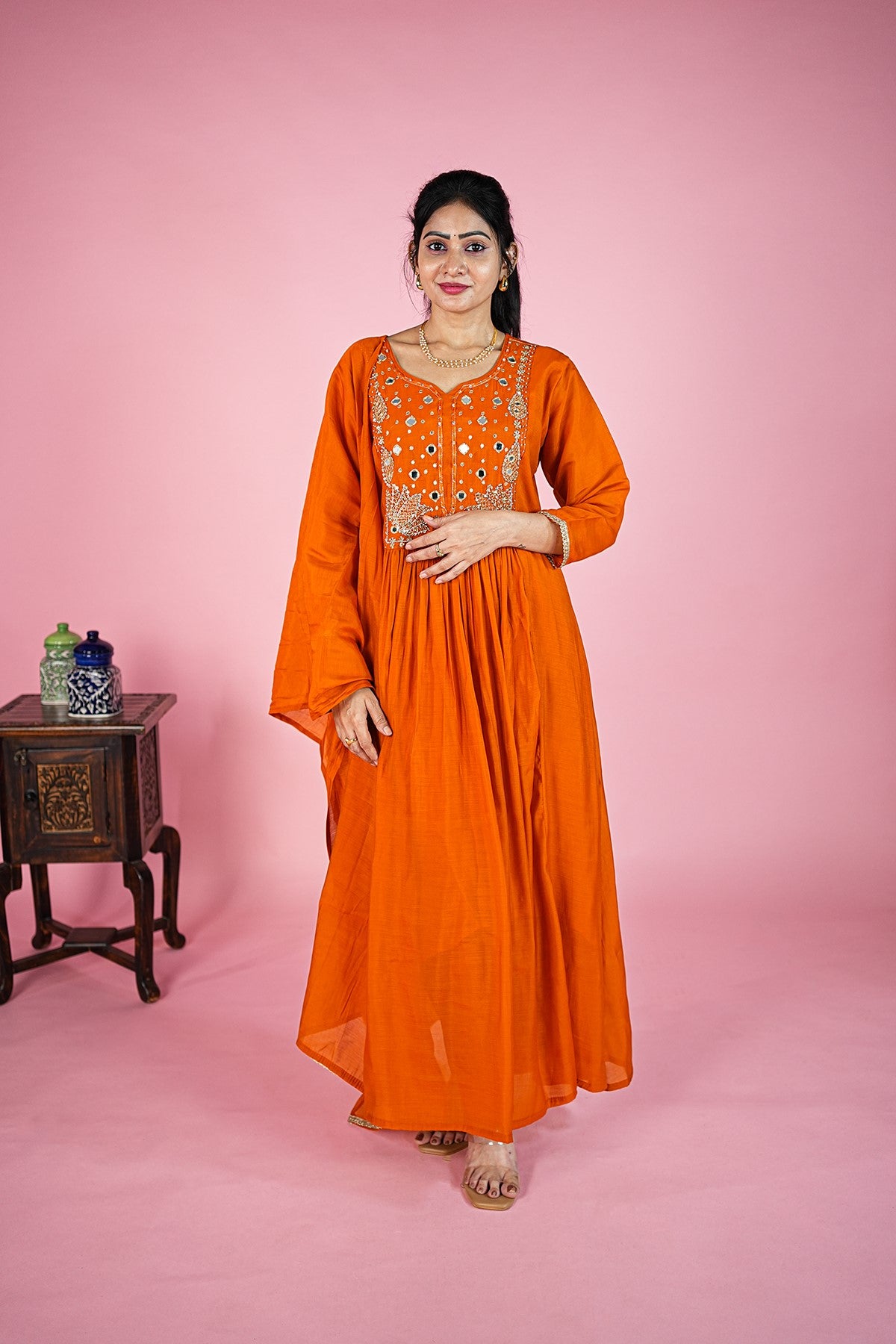 Mul Chanderi Solid Orange Kurti Set With Dupatta