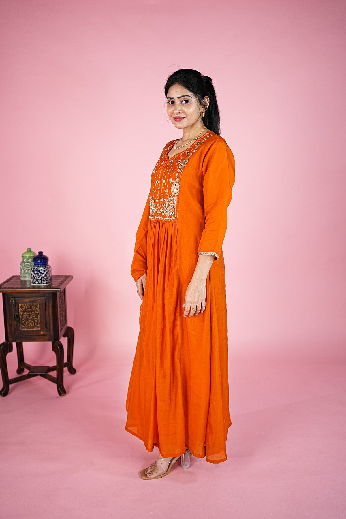 Mul Chanderi Solid Orange Kurti Set With Dupatta