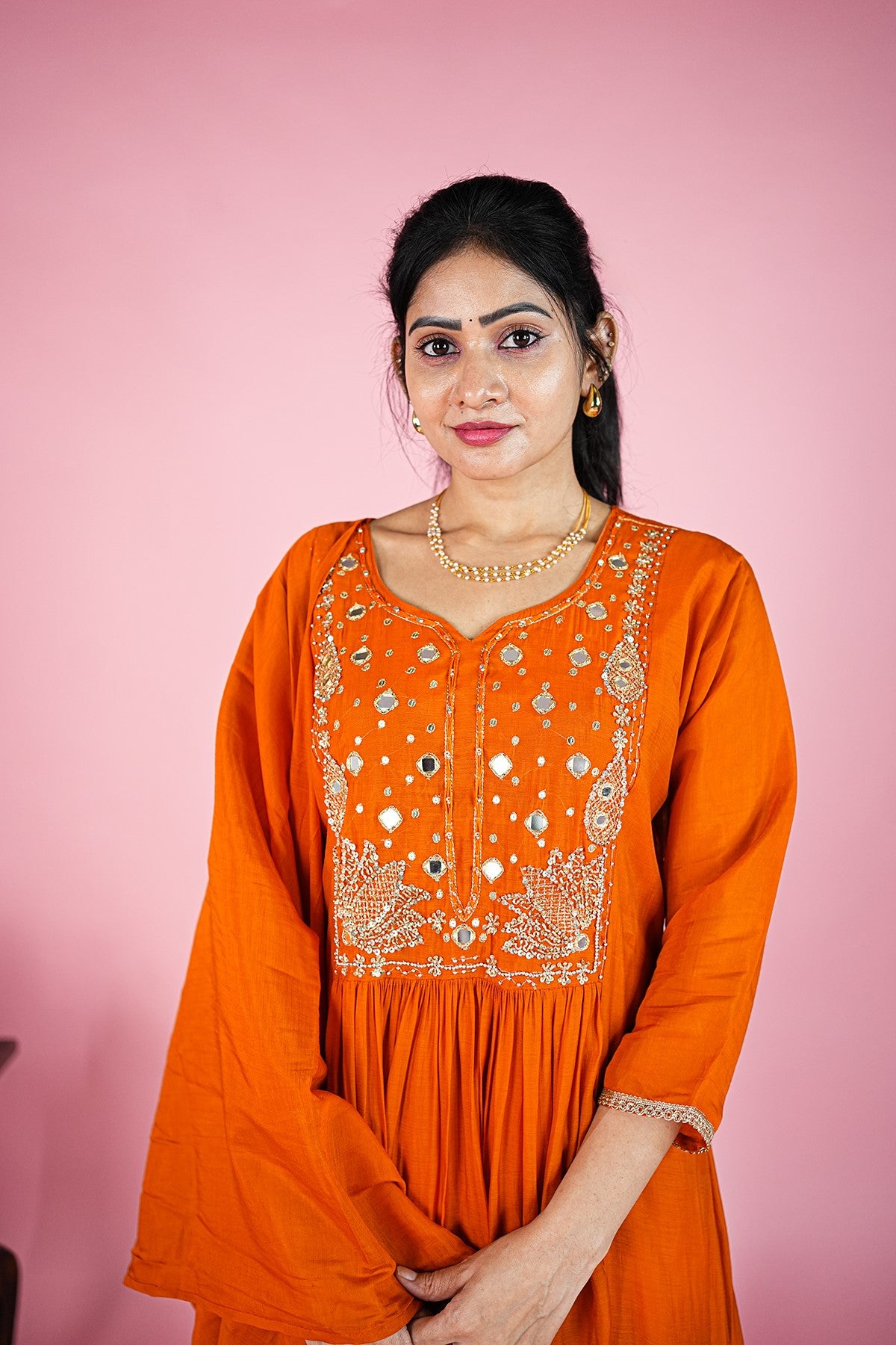 Mul Chanderi Solid Orange Kurti Set With Dupatta