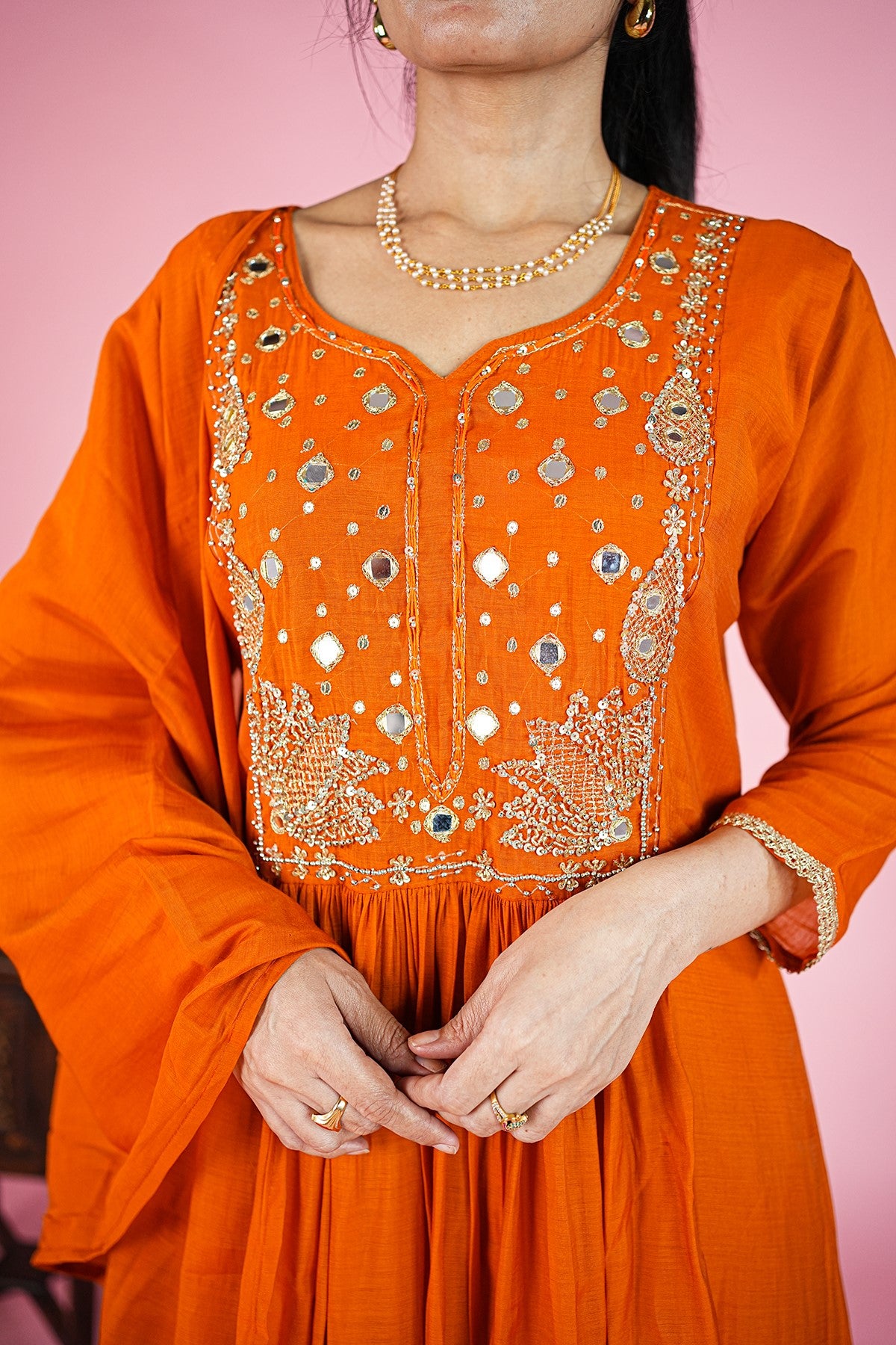 Mul Chanderi Solid Orange Kurti Set With Dupatta