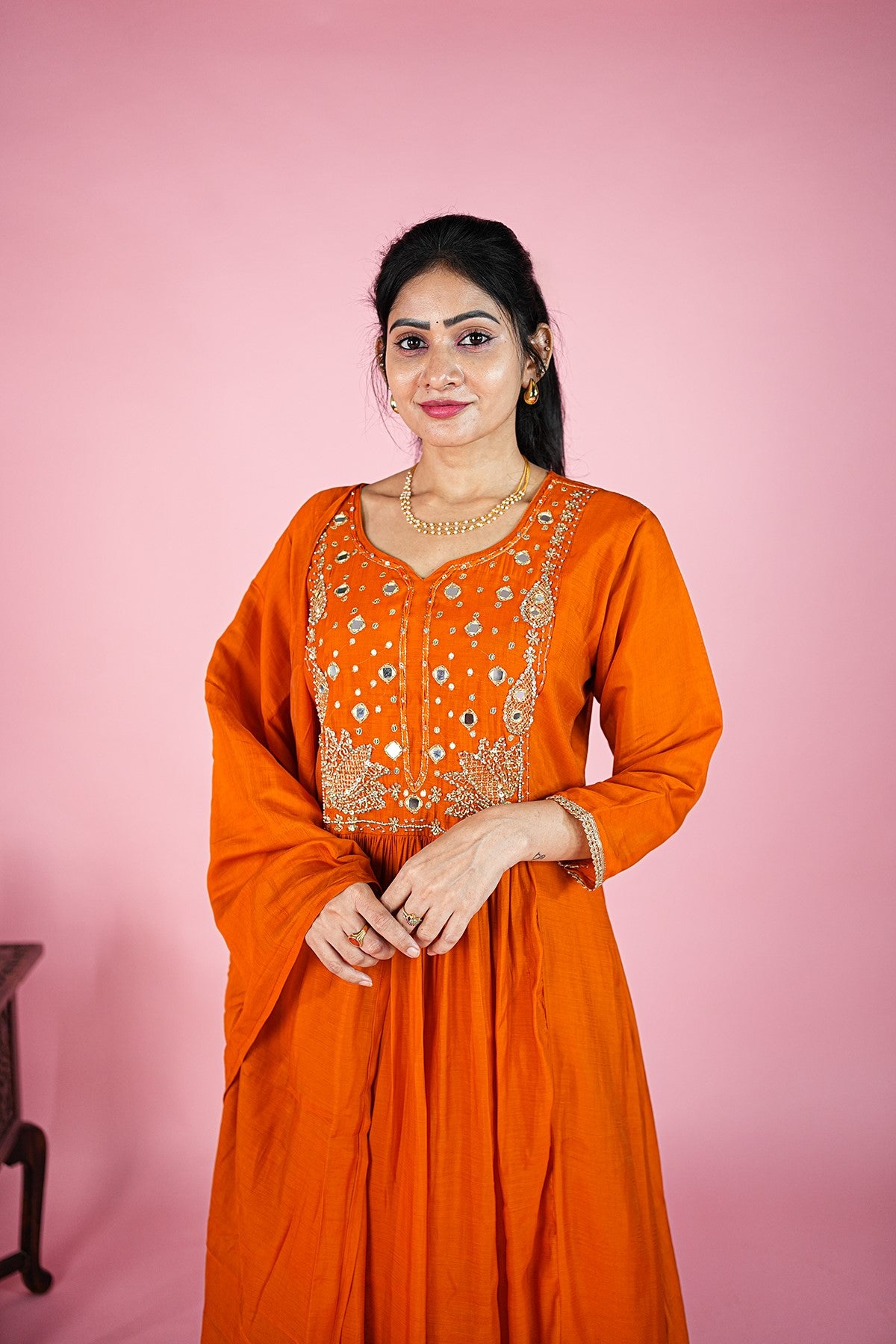 Mul Chanderi Solid Orange Kurti Set With Dupatta