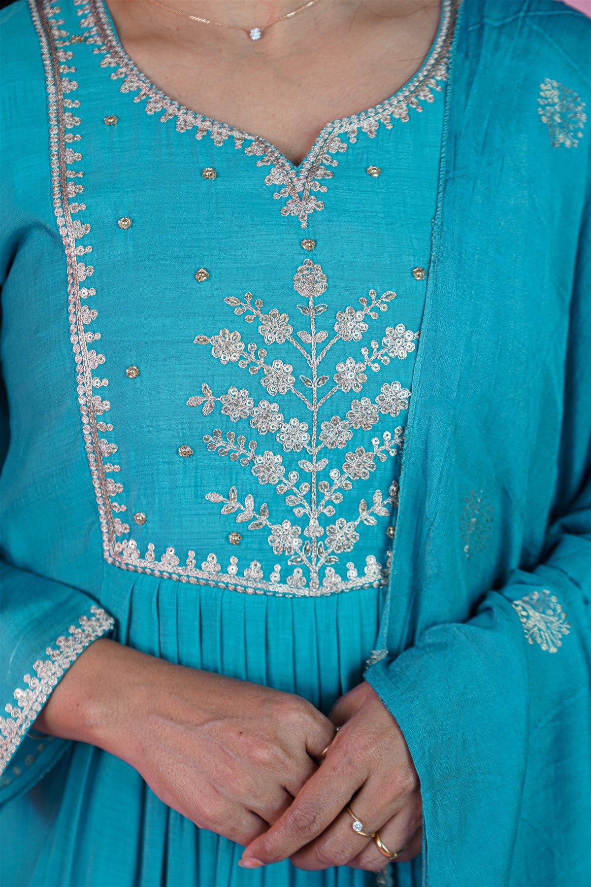 Mul Chanderi Solid Teal Blue Kurti Set With Dupatta