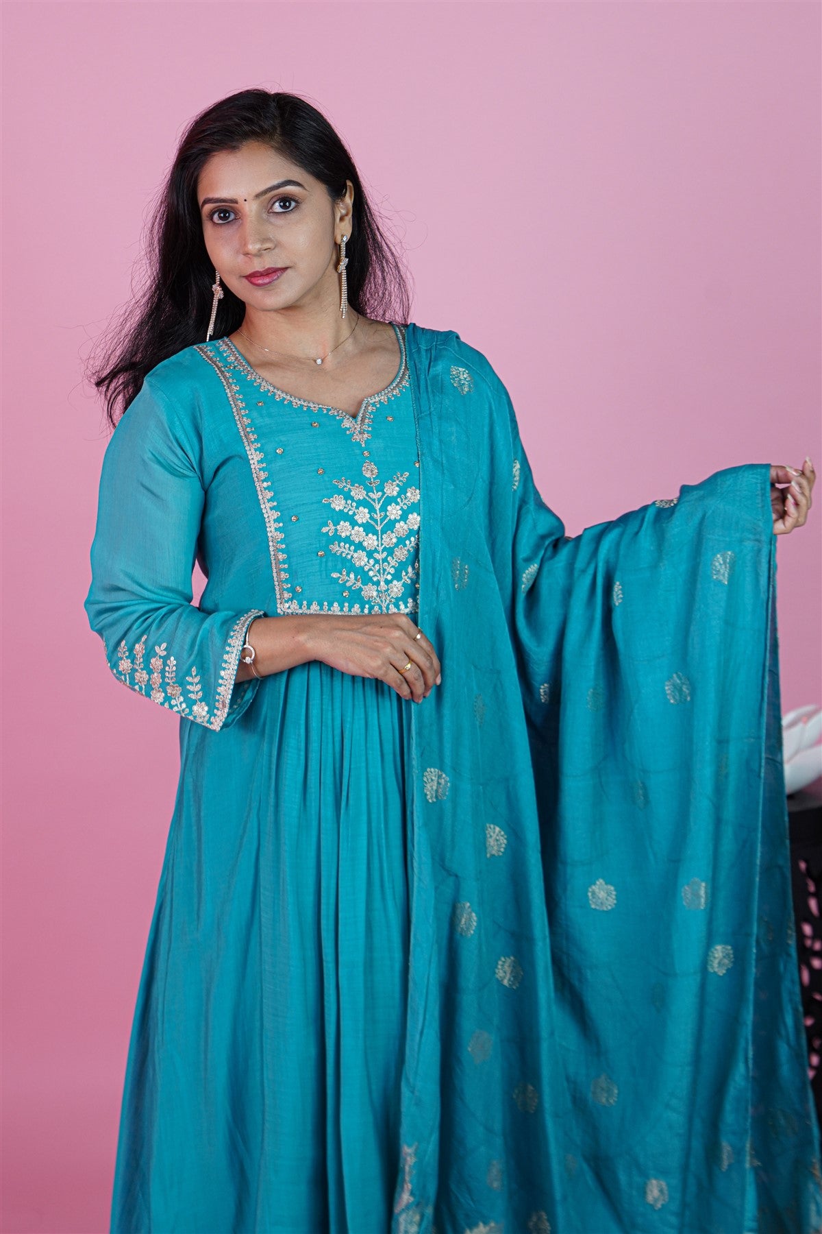 Mul Chanderi Solid Teal Blue Kurti Set With Dupatta