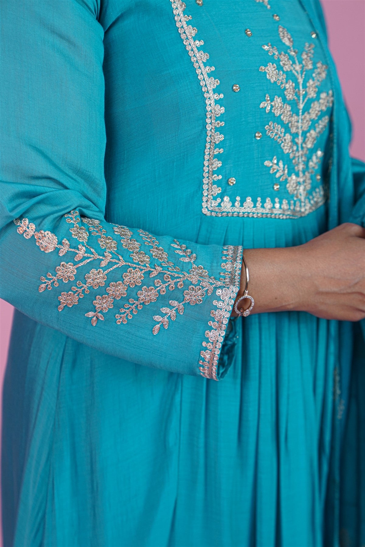 Mul Chanderi Solid Teal Blue Kurti Set With Dupatta