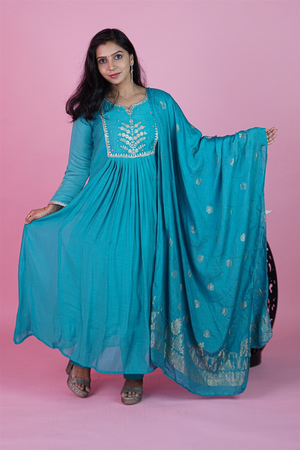 Mul Chanderi Solid Teal Blue Kurti Set With Dupatta