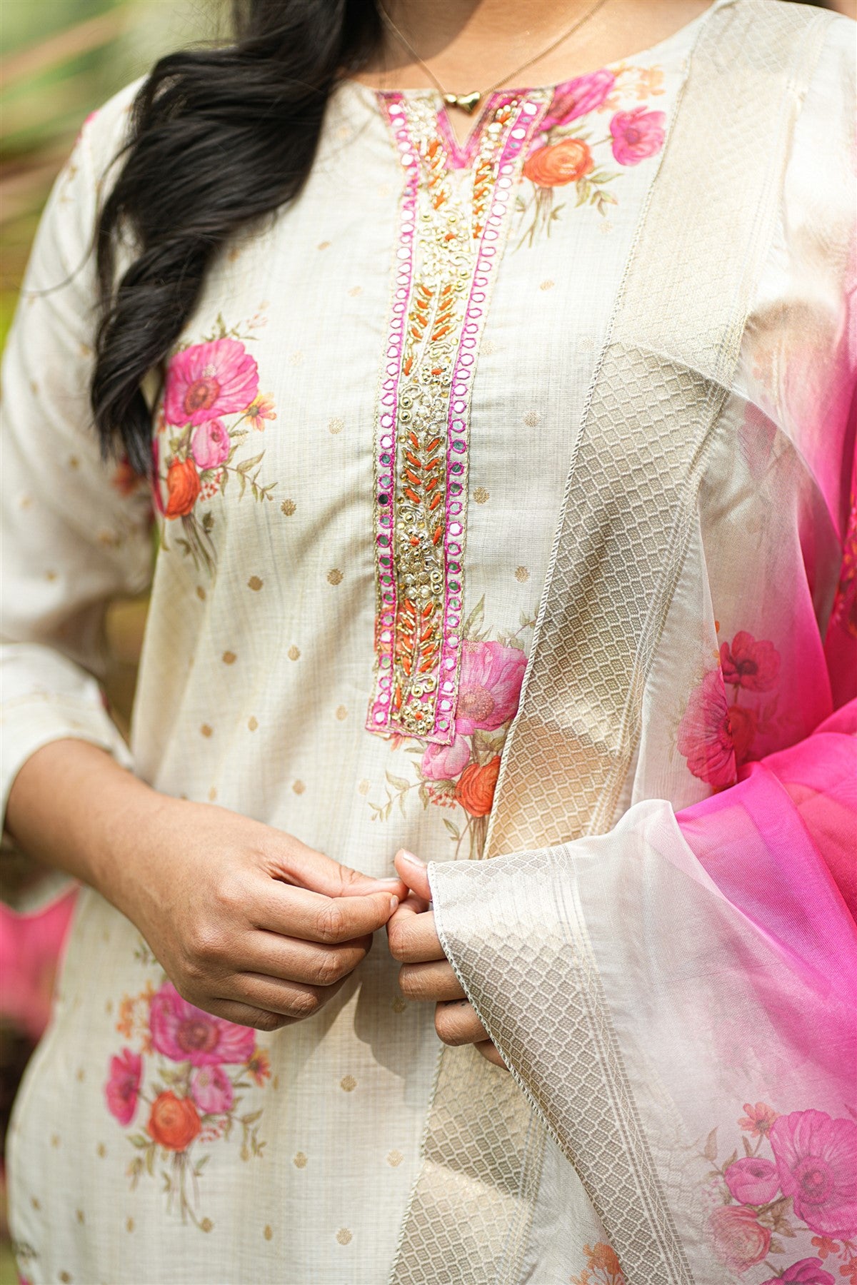 Chanderi Printed Off-white Kurti Set With Dupatta