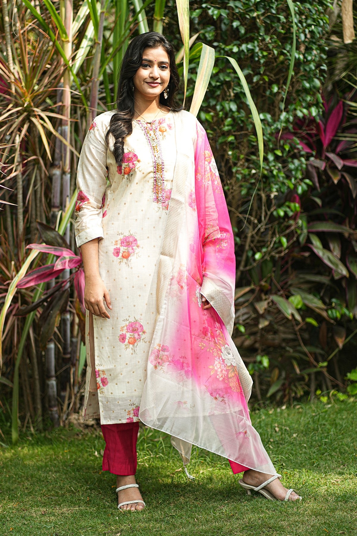 Chanderi Printed Off-white Kurti Set With Dupatta