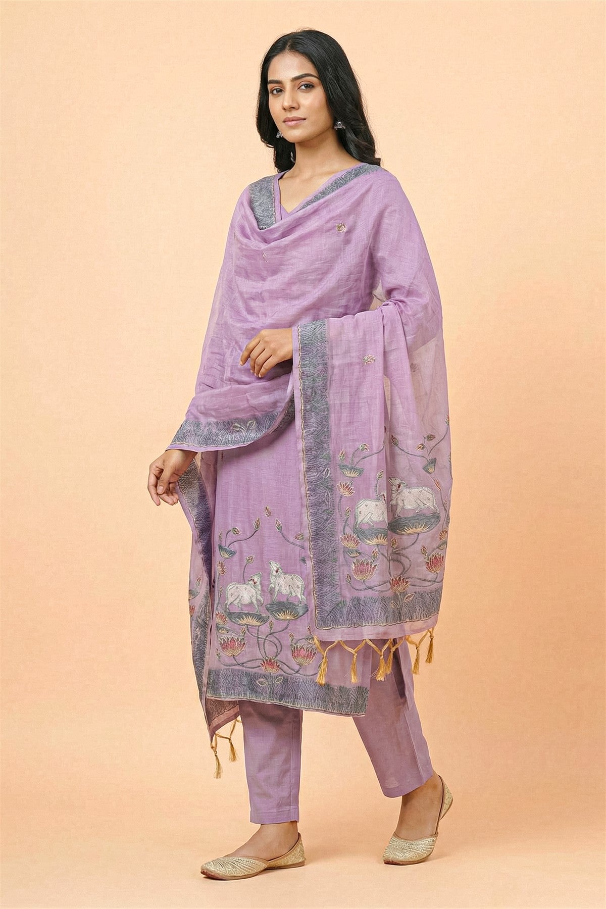 Chanderi Embroidered Lavender Kurti Set With Dupatta