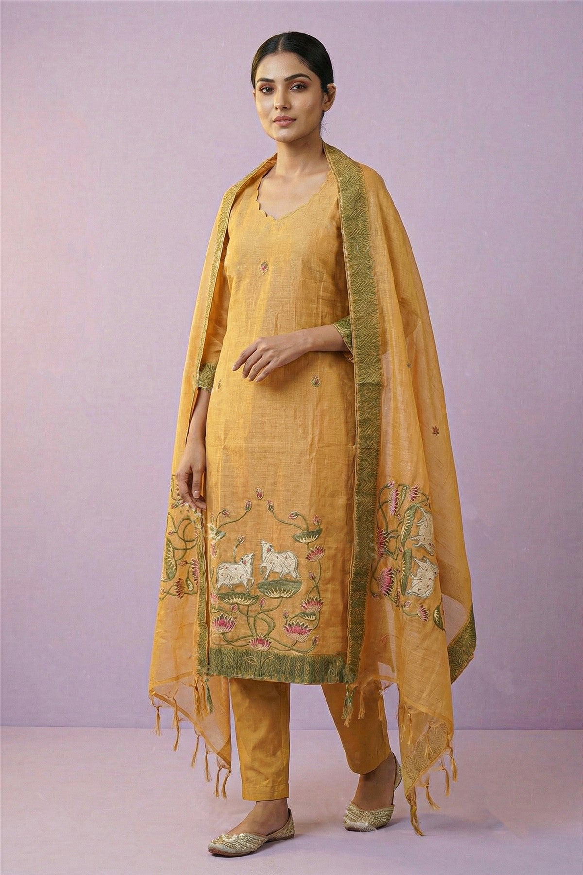 Chanderi Embroidered Mustard Kurti Set With Dupatta