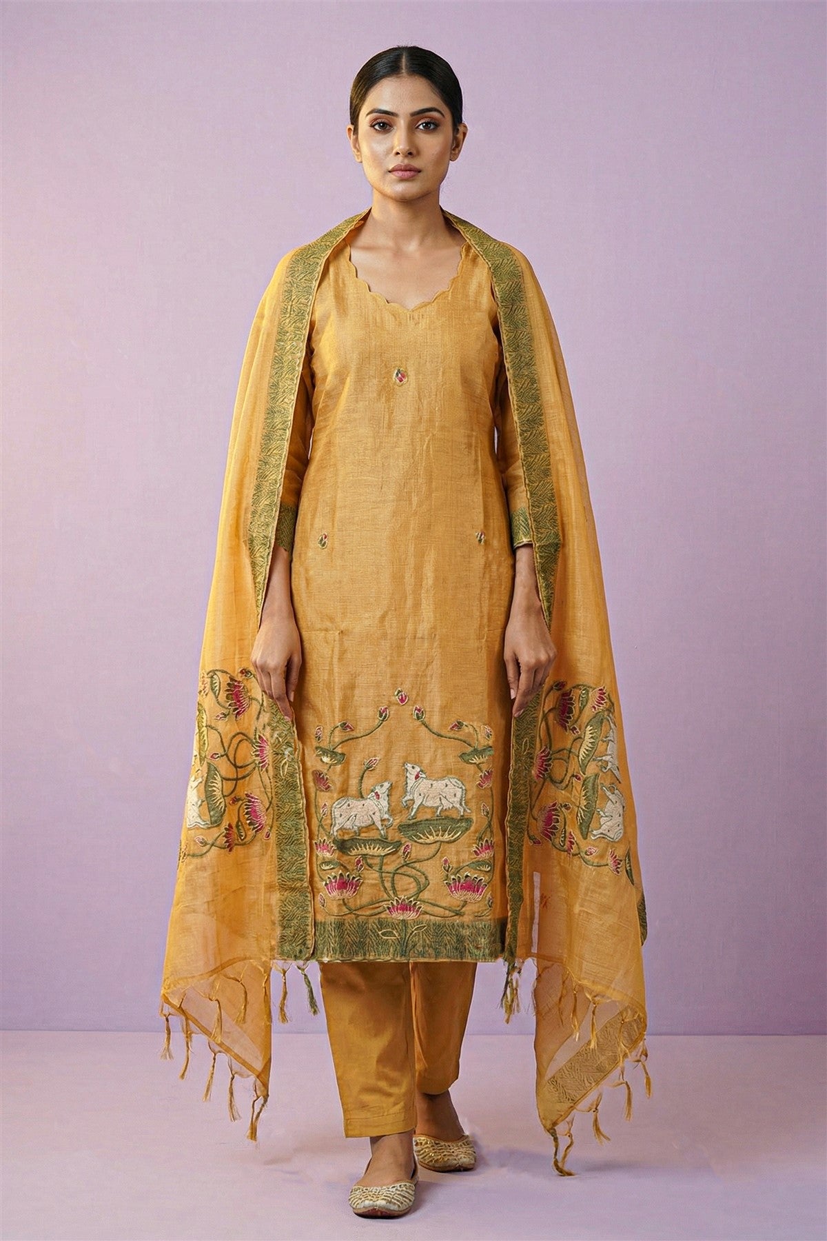 Chanderi Embroidered Mustard Kurti Set With Dupatta