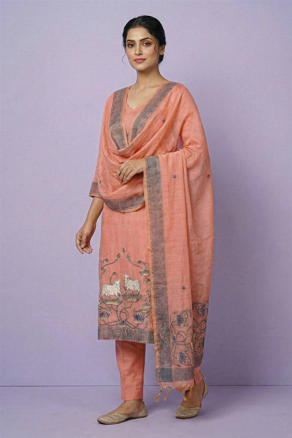 Chanderi Embroidered Peach Kurti Set With Dupatta
