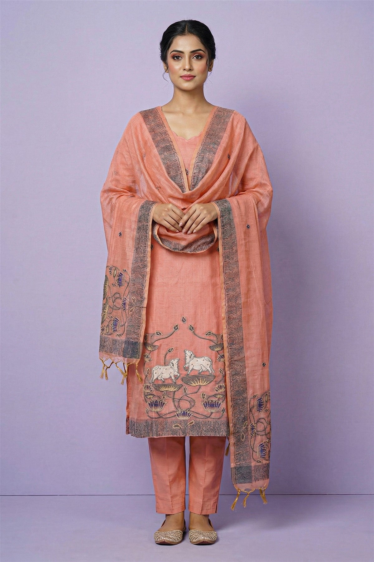 Chanderi Embroidered Peach Kurti Set With Dupatta