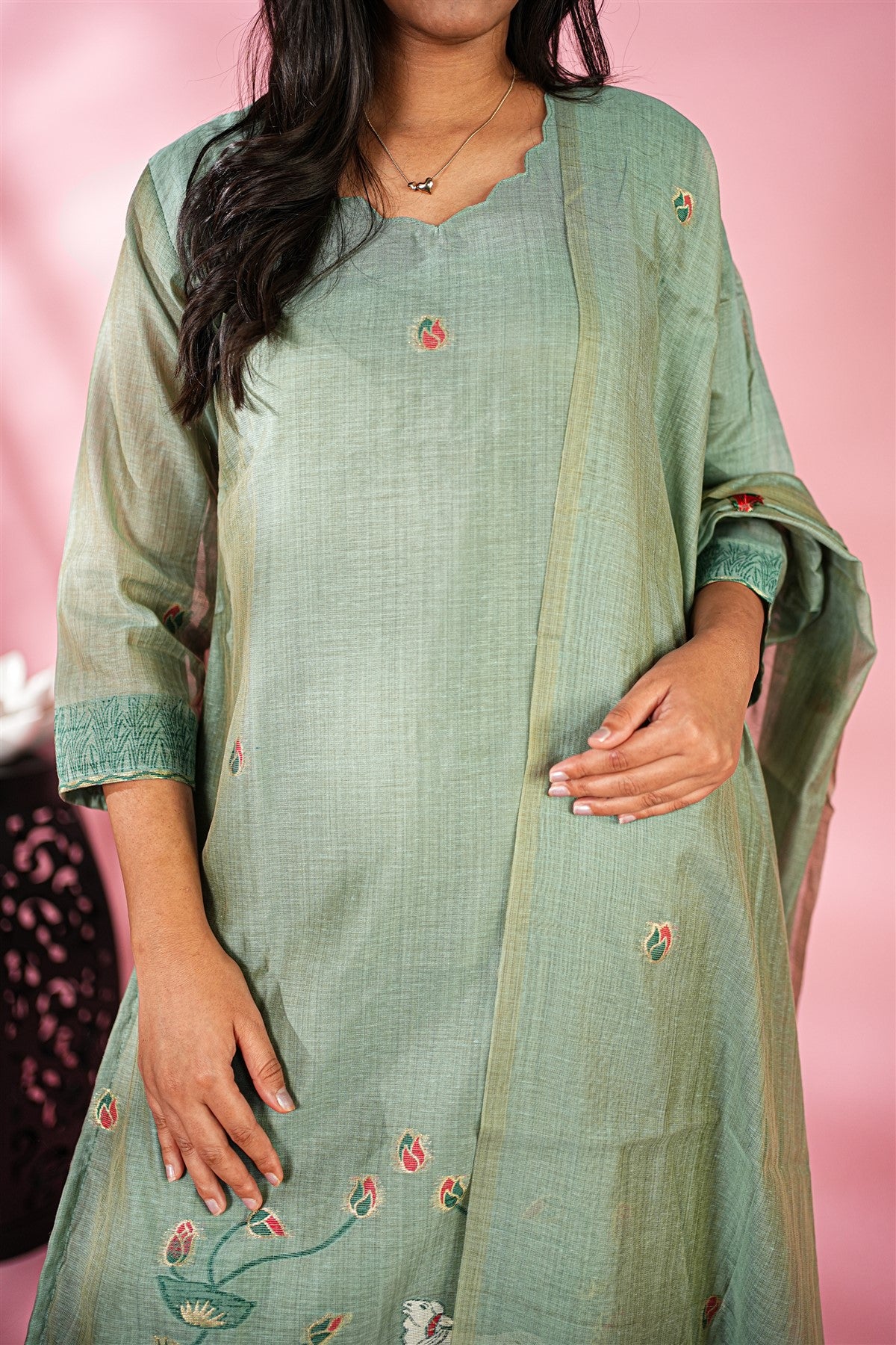 Chanderi Embroidered Sage Green Kurti Set With Dupatta
