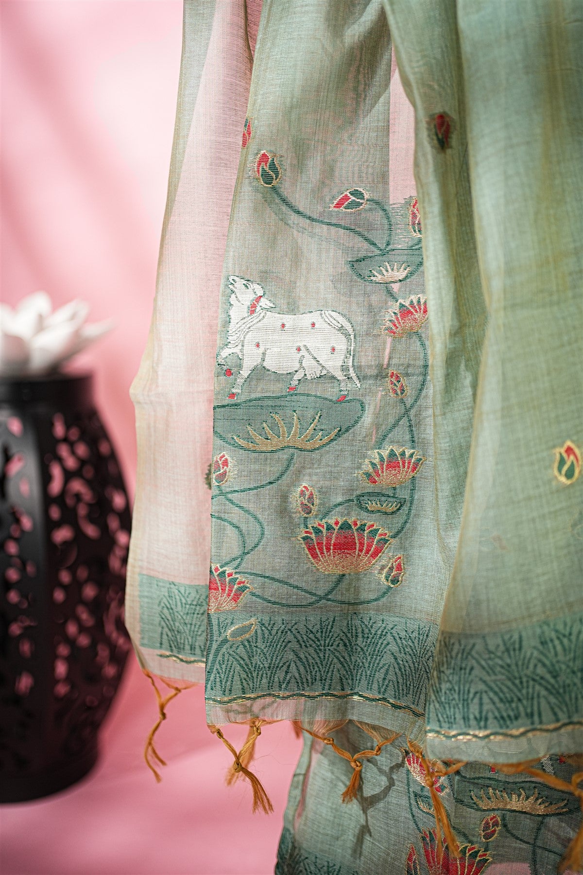 Chanderi Embroidered Sage Green Kurti Set With Dupatta