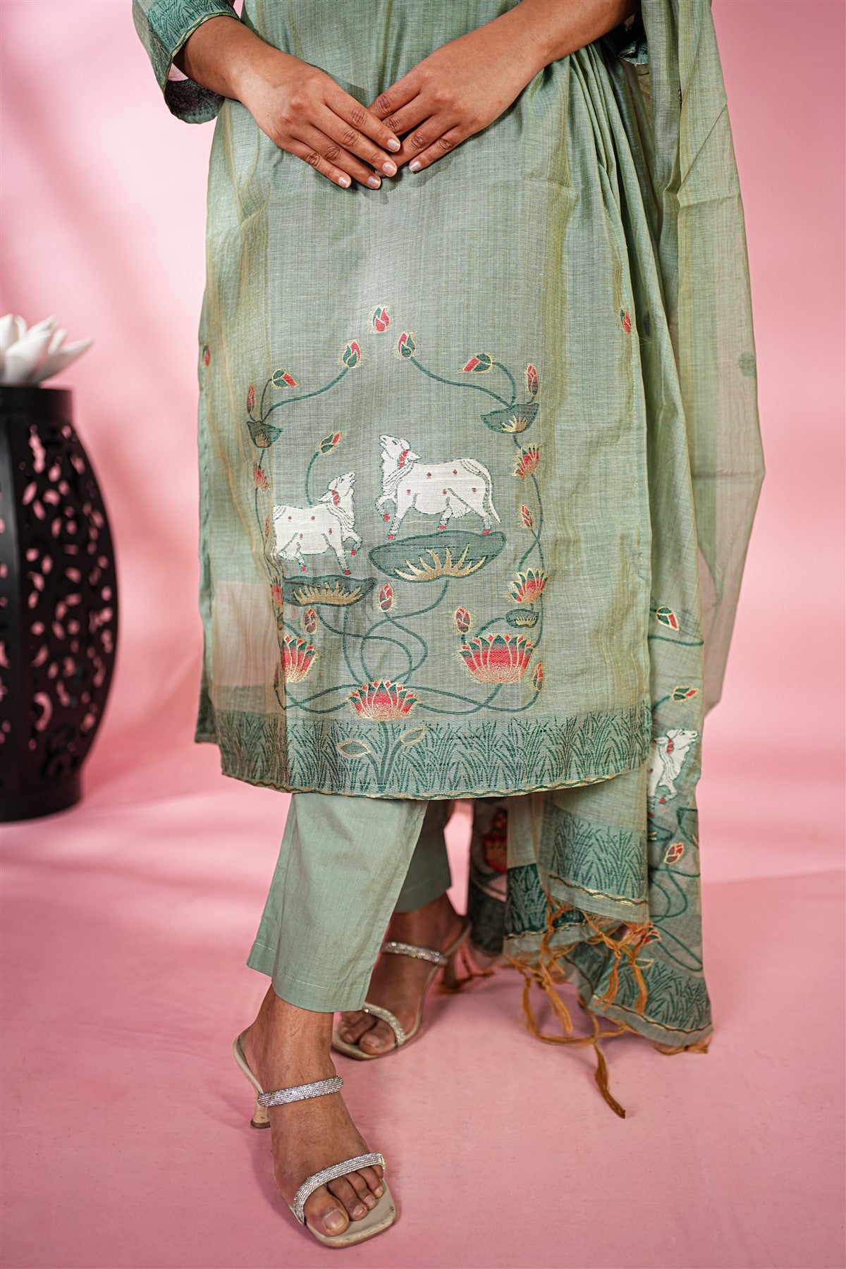 Chanderi Embroidered Sage Green Kurti Set With Dupatta