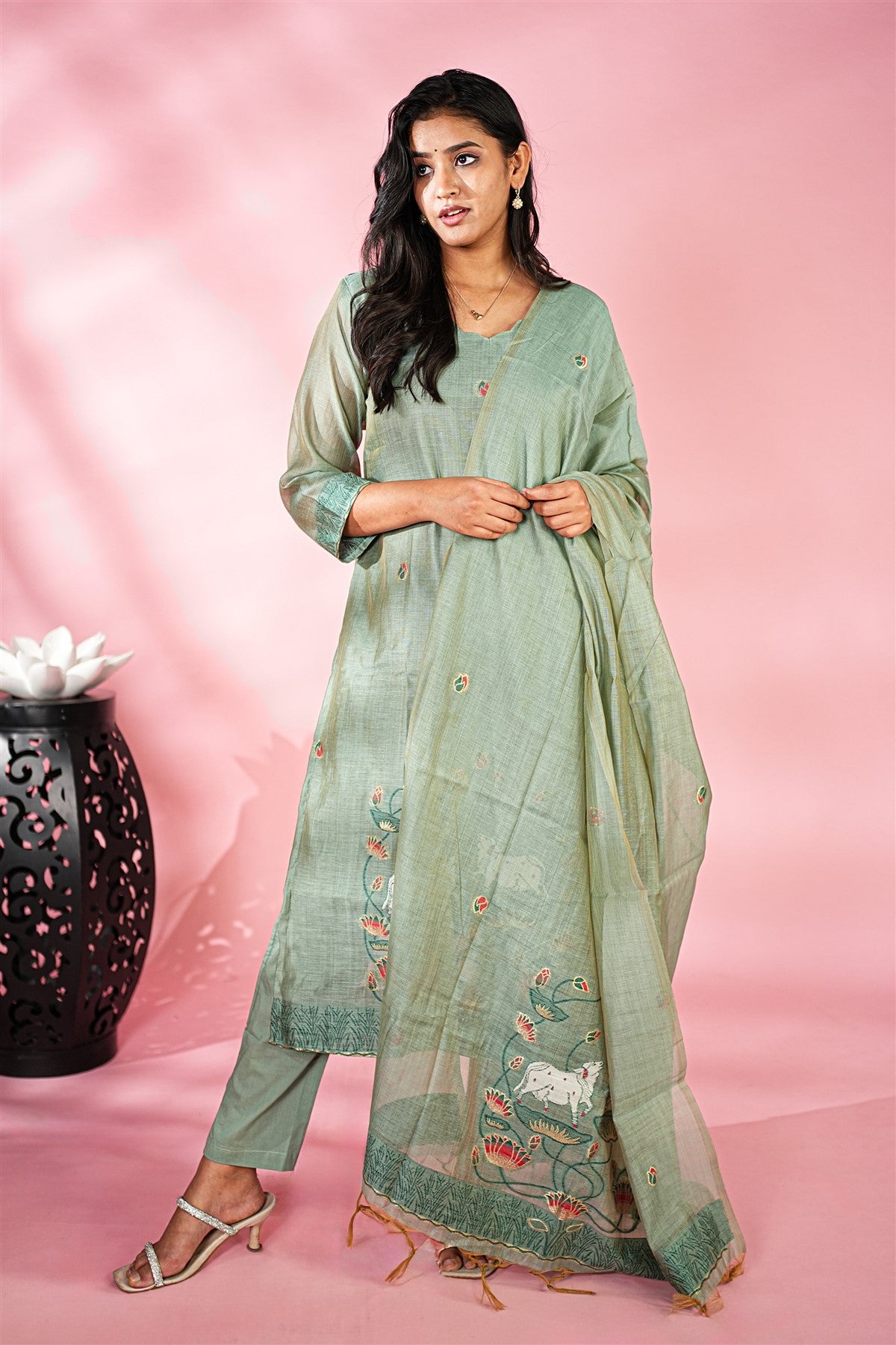 Chanderi Embroidered Sage Green Kurti Set With Dupatta