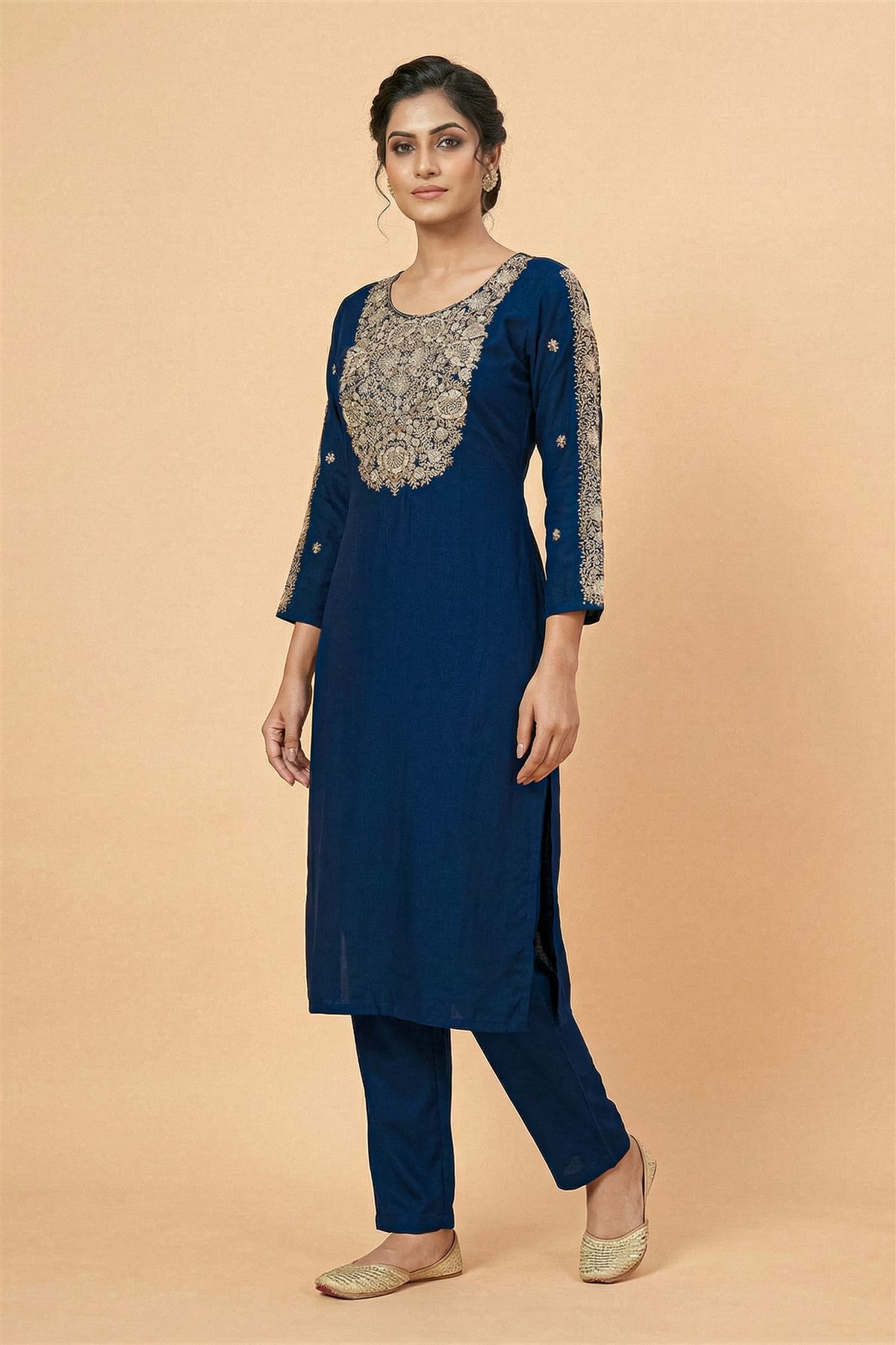 Chanderi Embroidered Blue Kurti Set