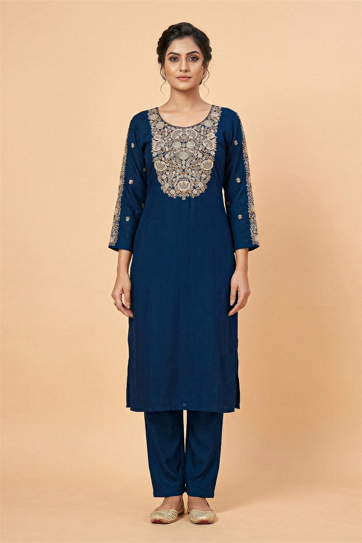Chanderi Embroidered Blue Kurti Set