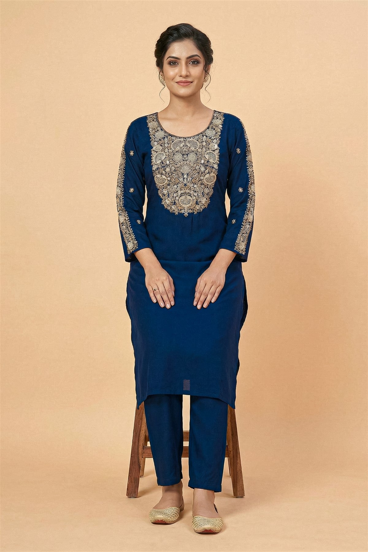 Chanderi Embroidered Blue Kurti Set