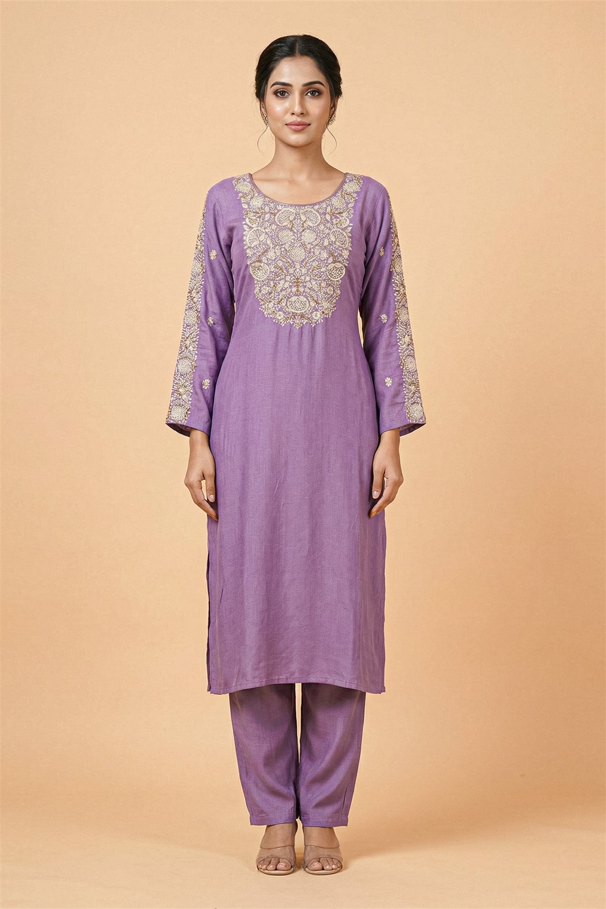 Chanderi Embroidered Lavender Kurti Set