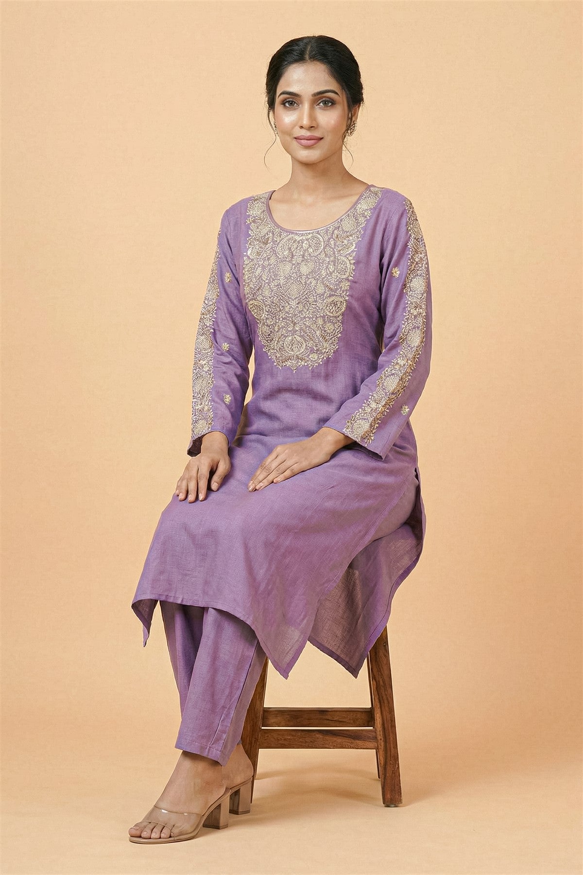 Chanderi Embroidered Lavender Kurti Set