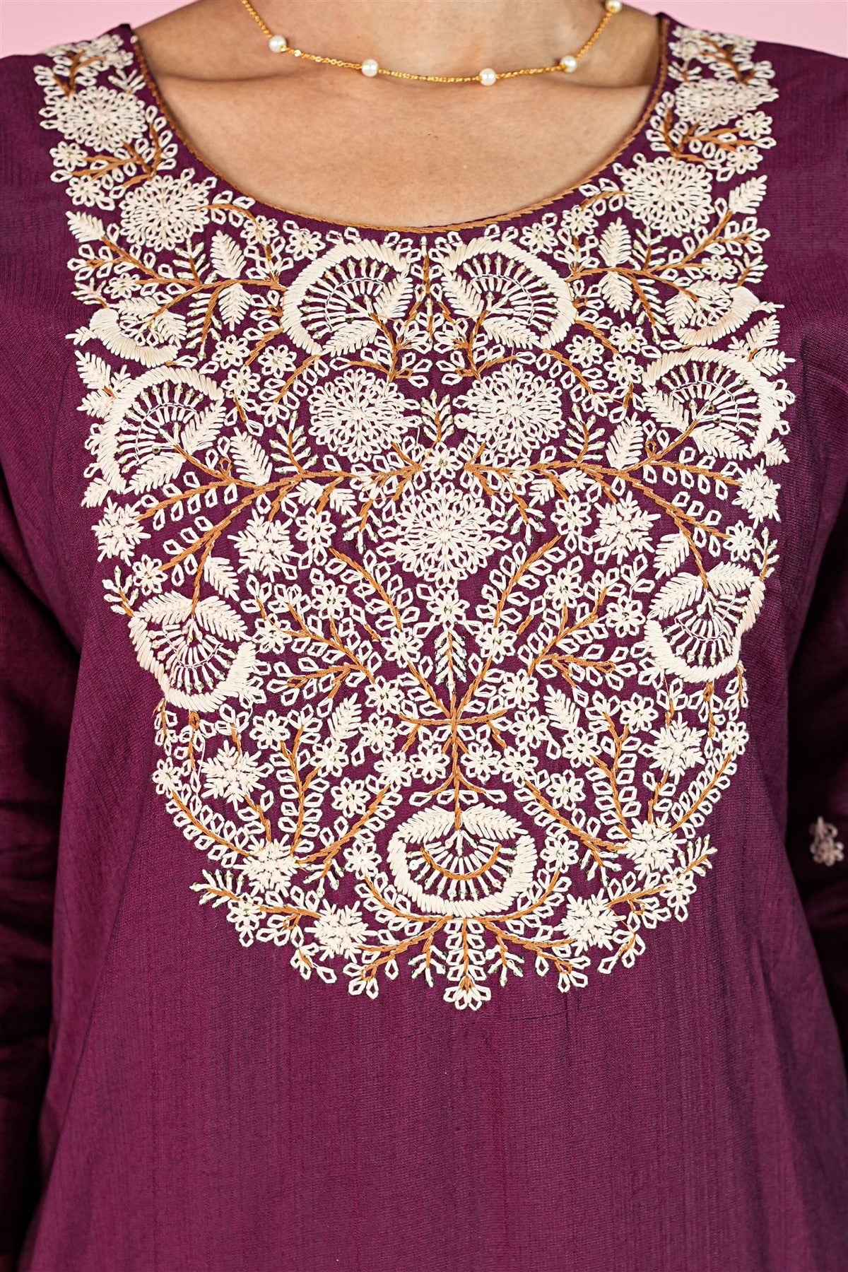 Chanderi Embroidered Wine Kurti Set