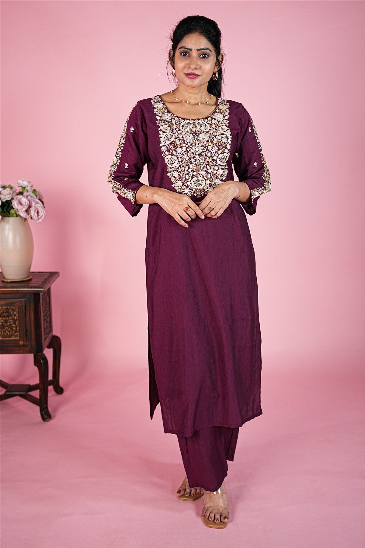 Chanderi Embroidered Wine Kurti Set