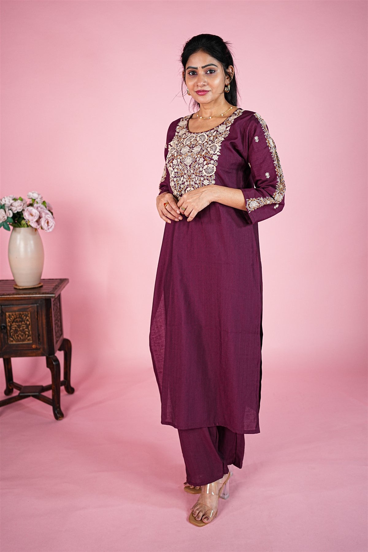 Chanderi Embroidered Wine Kurti Set