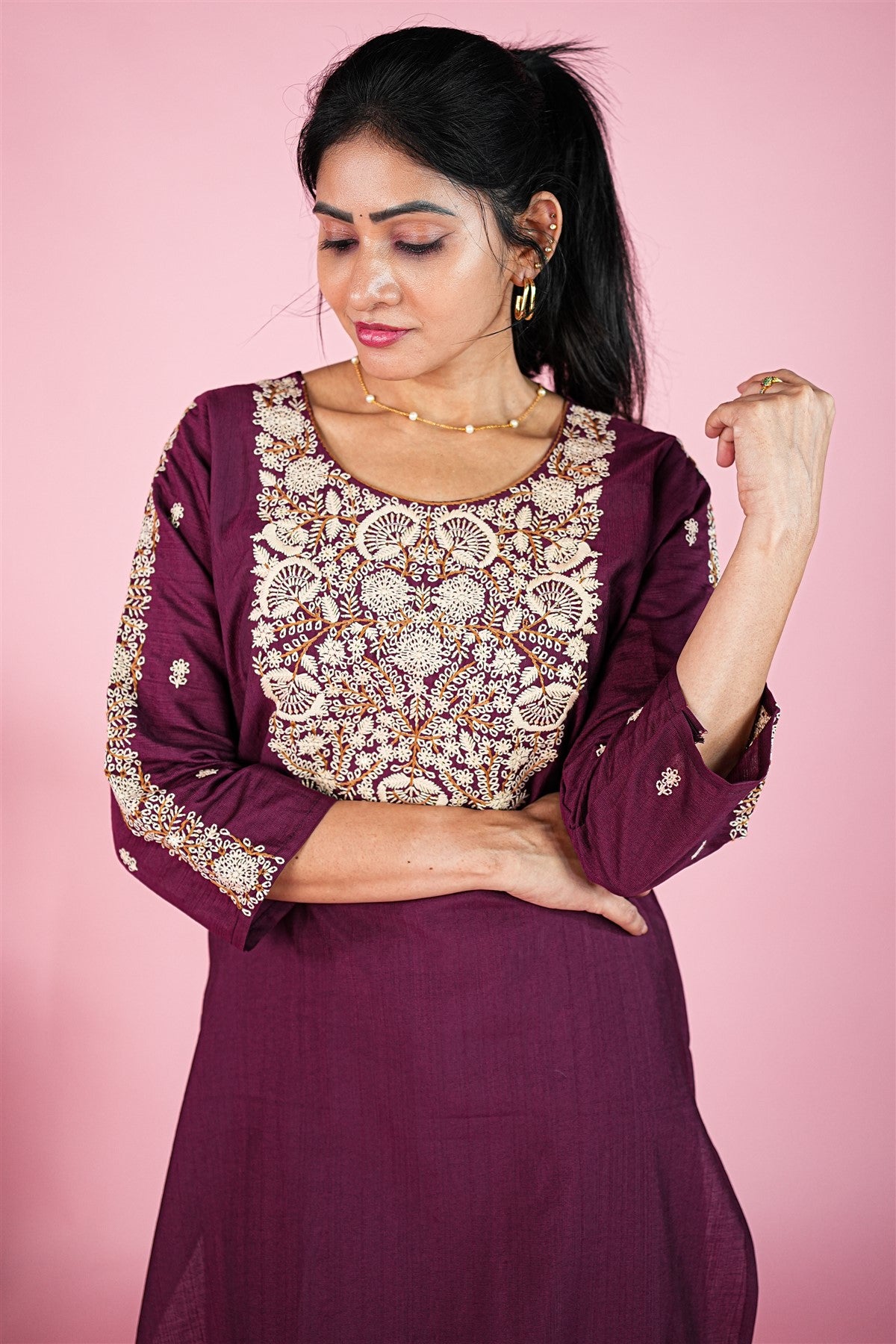 Chanderi Embroidered Wine Kurti Set
