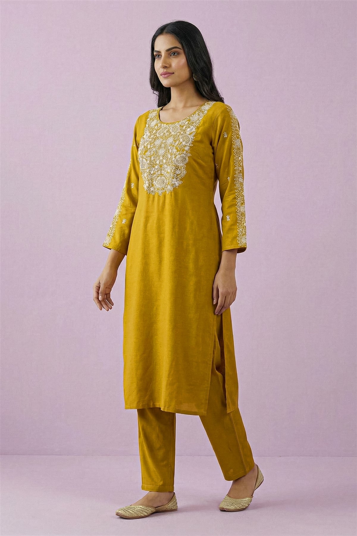 Chanderi Embroidered Mustard Yellow Kurti Set