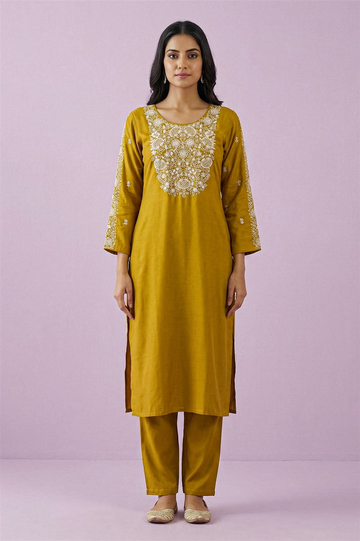 Chanderi Embroidered Mustard Yellow Kurti Set