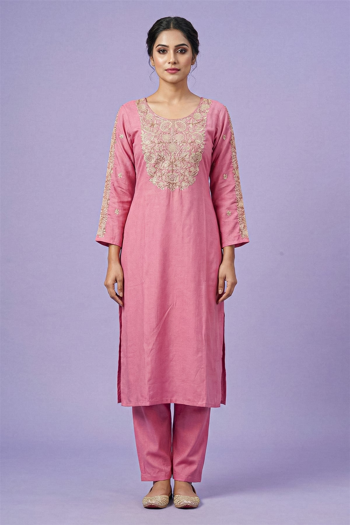 Chanderi Embroidered Pink Kurti Set