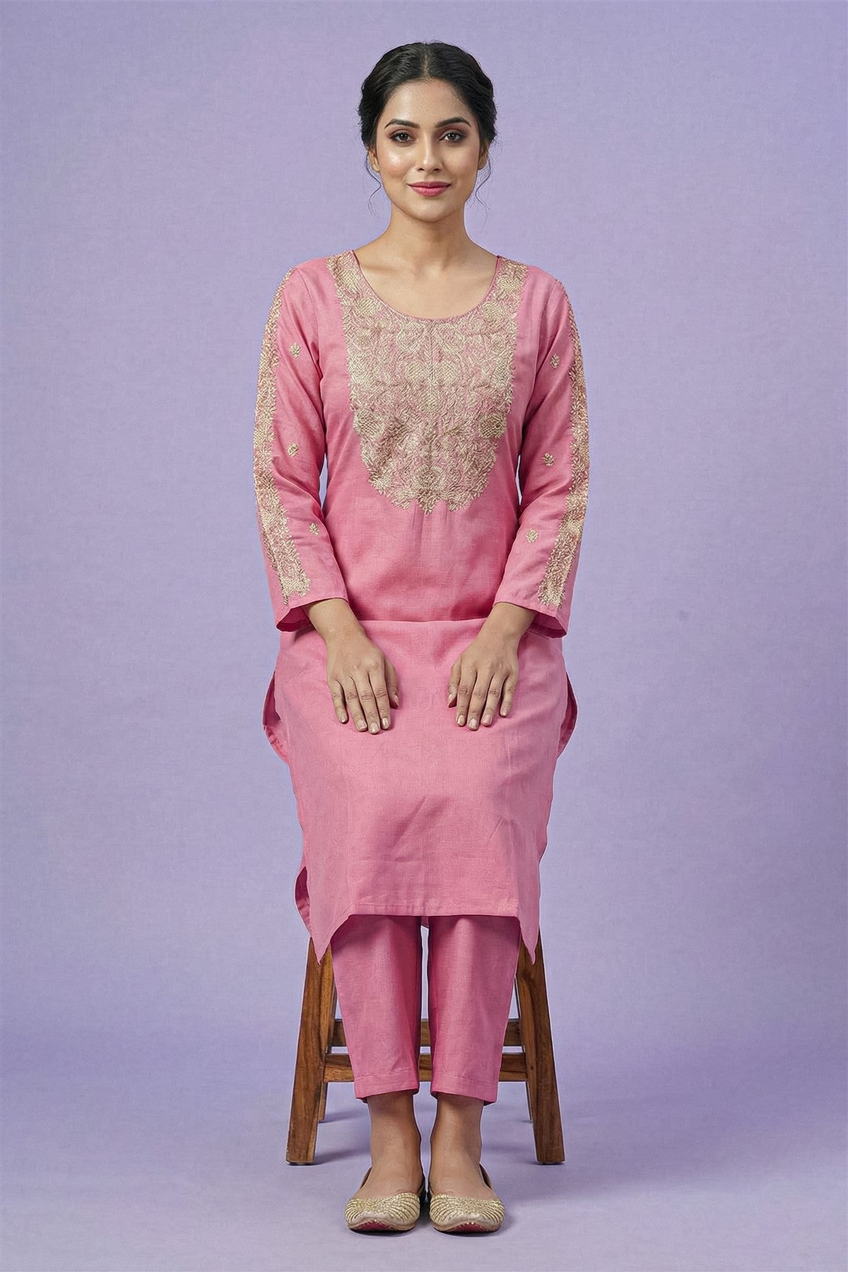 Chanderi Embroidered Pink Kurti Set