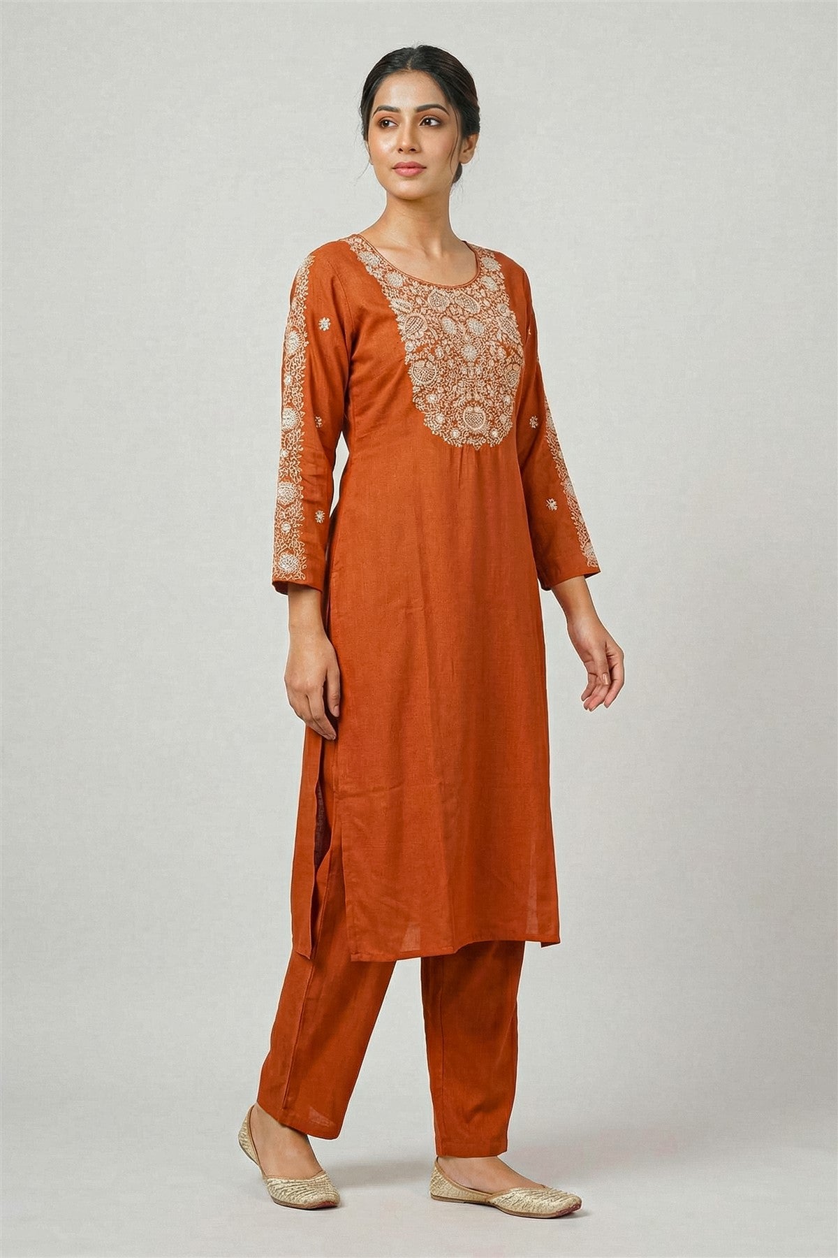 Chanderi Embroidered Rust Kurti Set