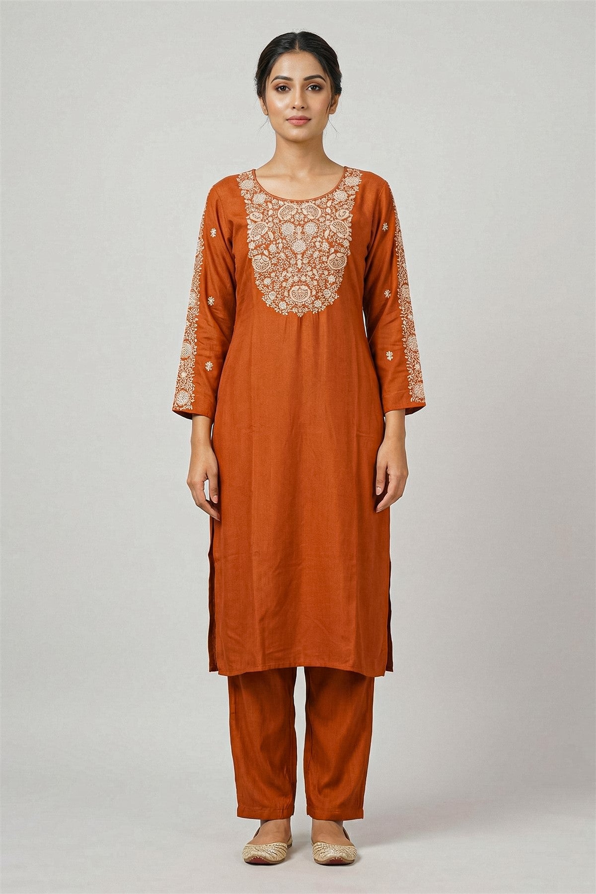 Chanderi Embroidered Rust Kurti Set