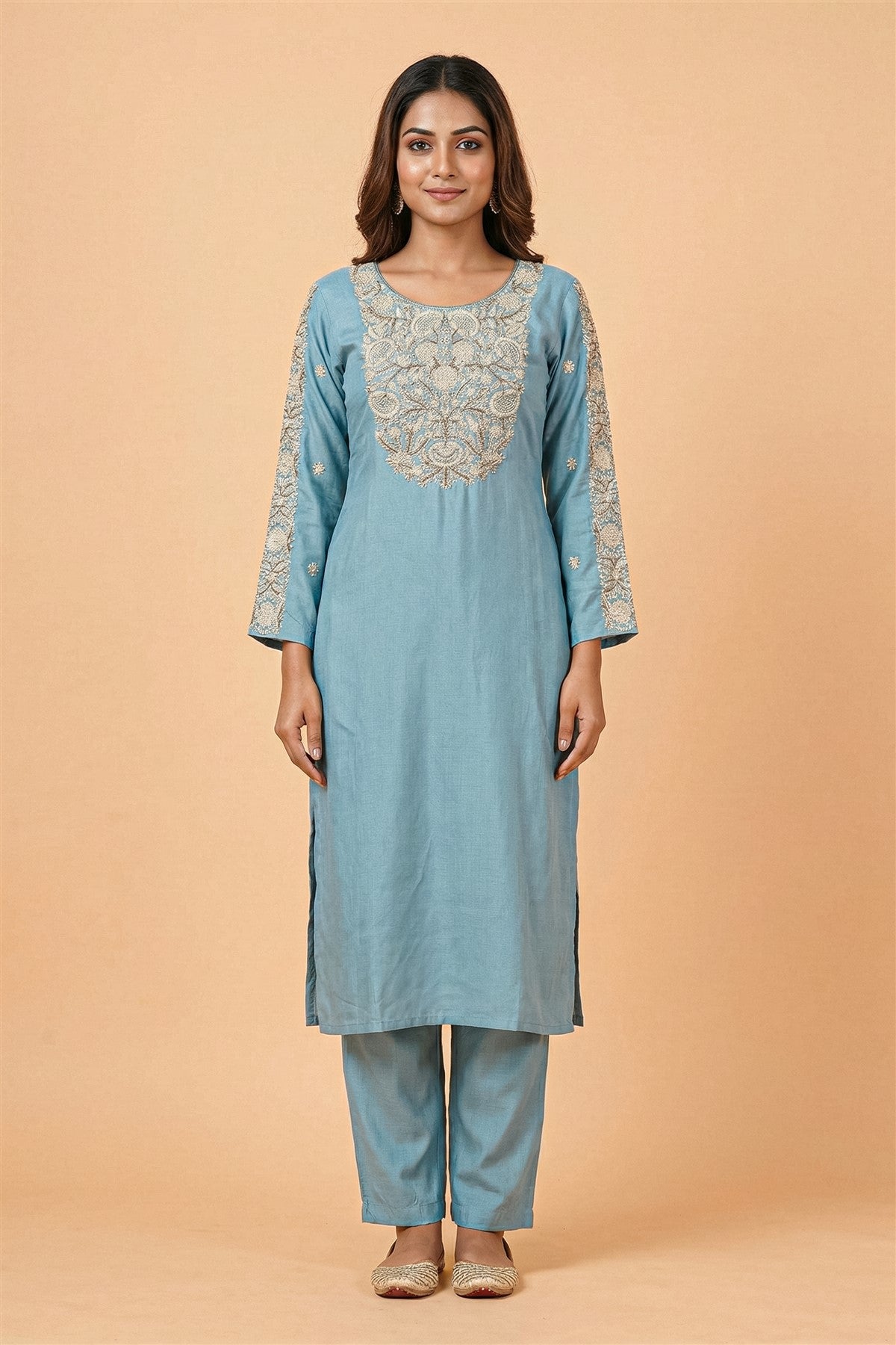 Chanderi Embroidered Sky Blue Kurti Set