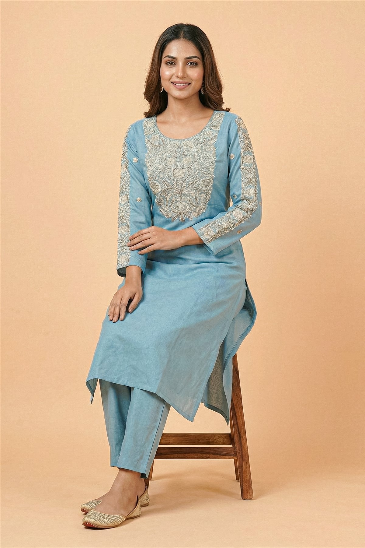 Chanderi Embroidered Sky Blue Kurti Set