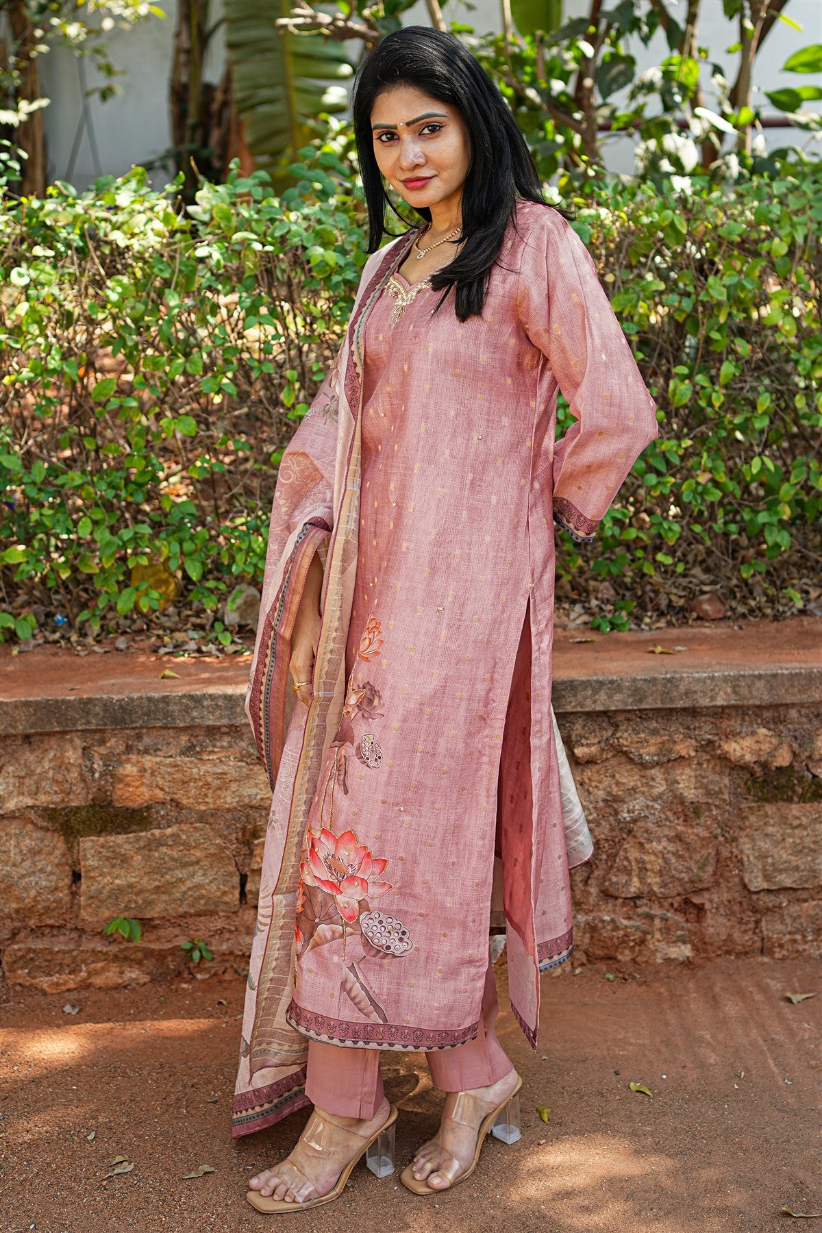 Chanderi Solid Dusty Rose Kurti Set With Dupatta