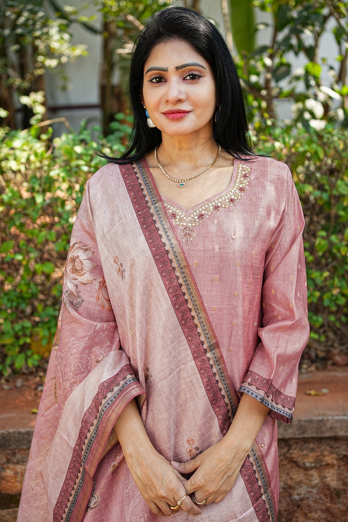 Chanderi Solid Dusty Rose Kurti Set With Dupatta