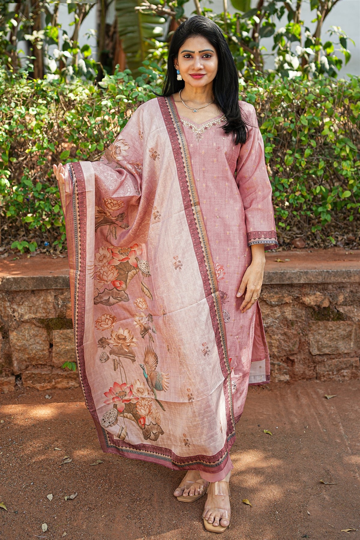 Chanderi Solid Dusty Rose Kurti Set With Dupatta