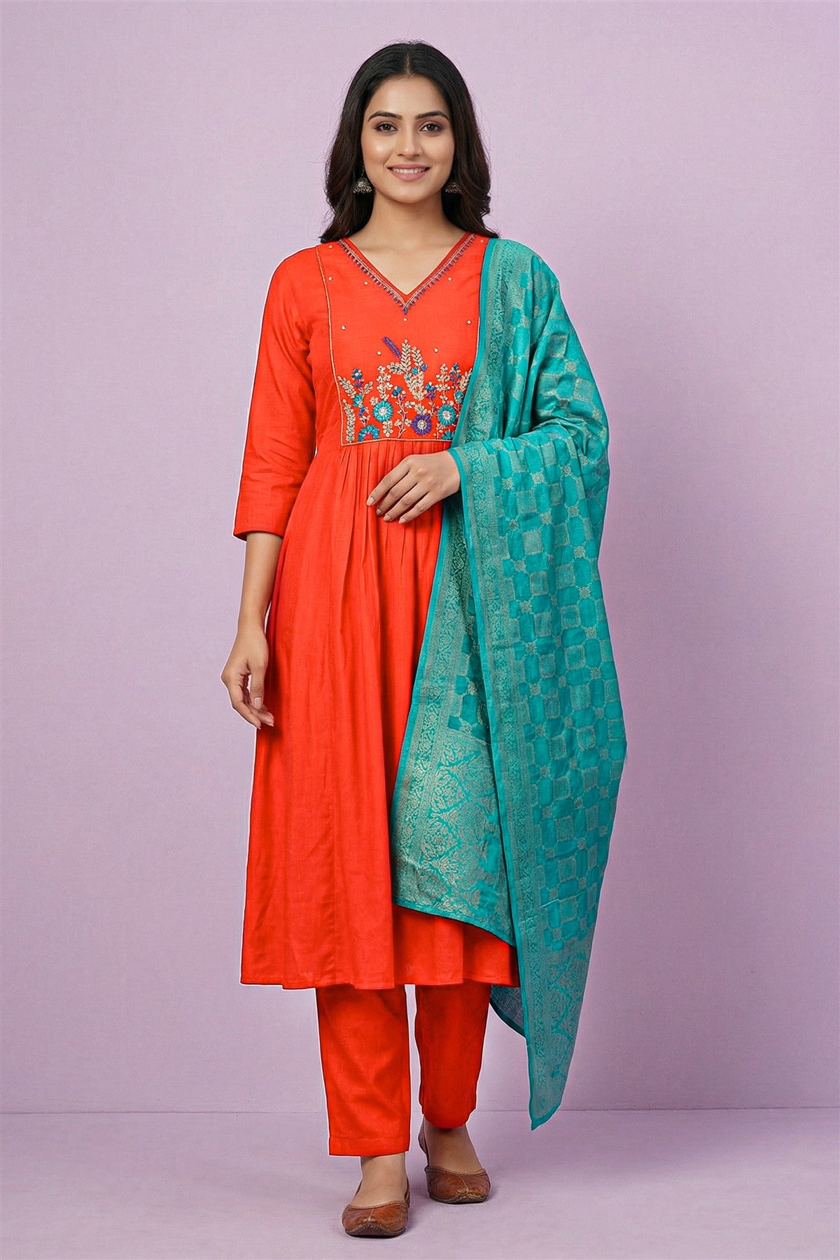 Chanderi Embroidered Orange Kurti Set With Dupatta