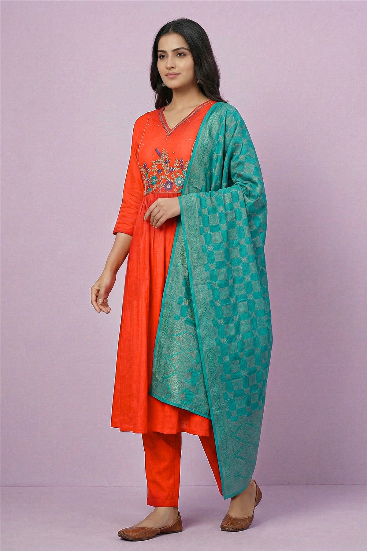 Chanderi Embroidered Orange Kurti Set With Dupatta