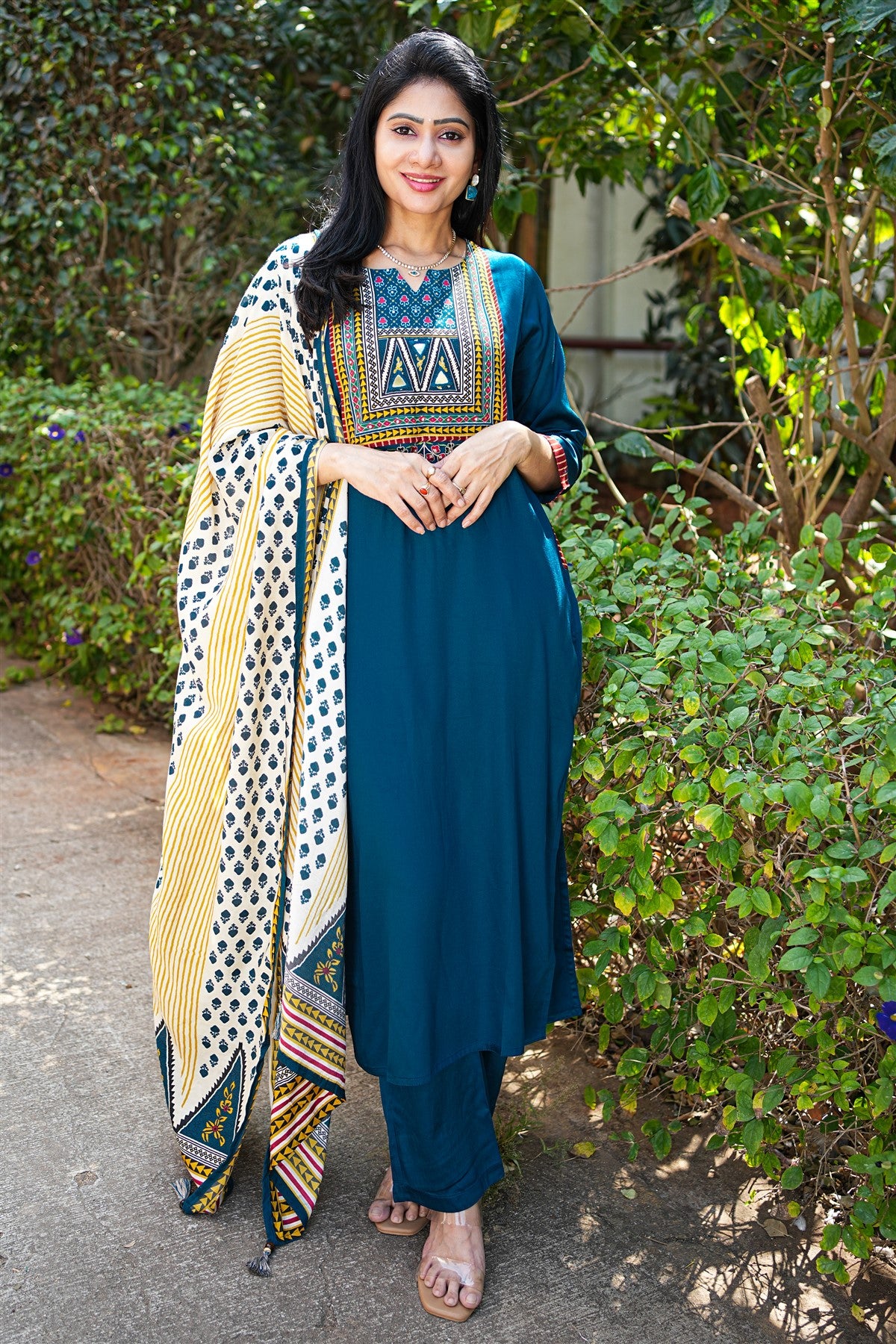Matka Silk Solid Teal Blue Kurti Set With Dupatta