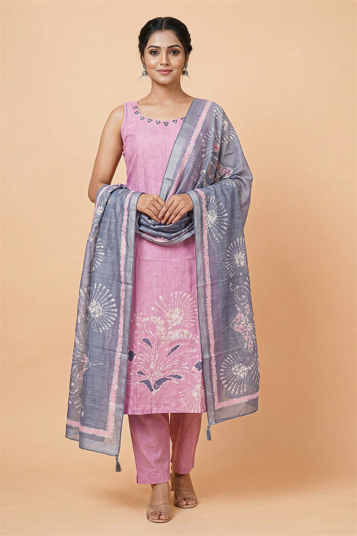 Mul Chanderi Solid Pink Kurti Set With Dupatta