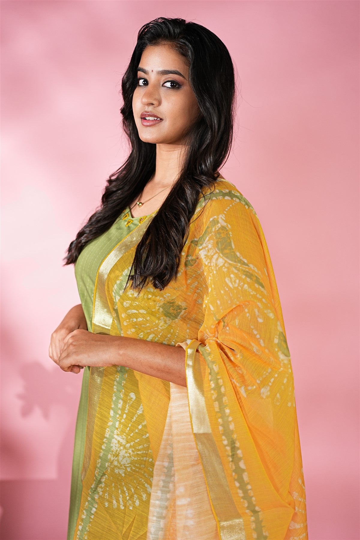 Mul Chanderi Solid Green Kurti Set With Dupatta