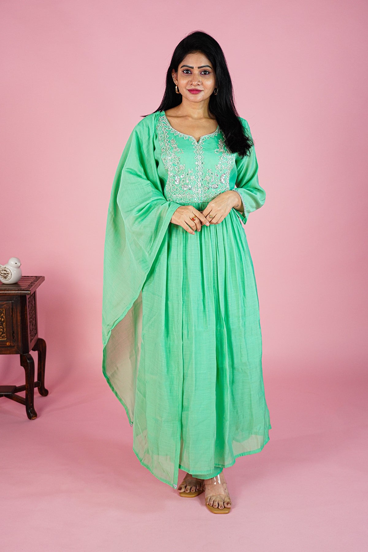 Mul Chanderi Silk Sea Green Kurti Set With Dupatta