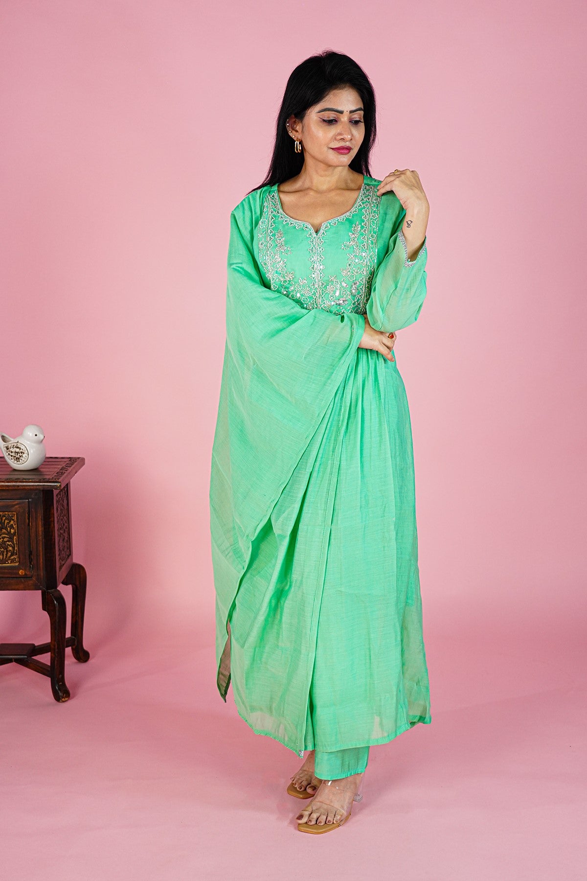 Mul Chanderi Solid Sea Green Kurti Set With Dupatta