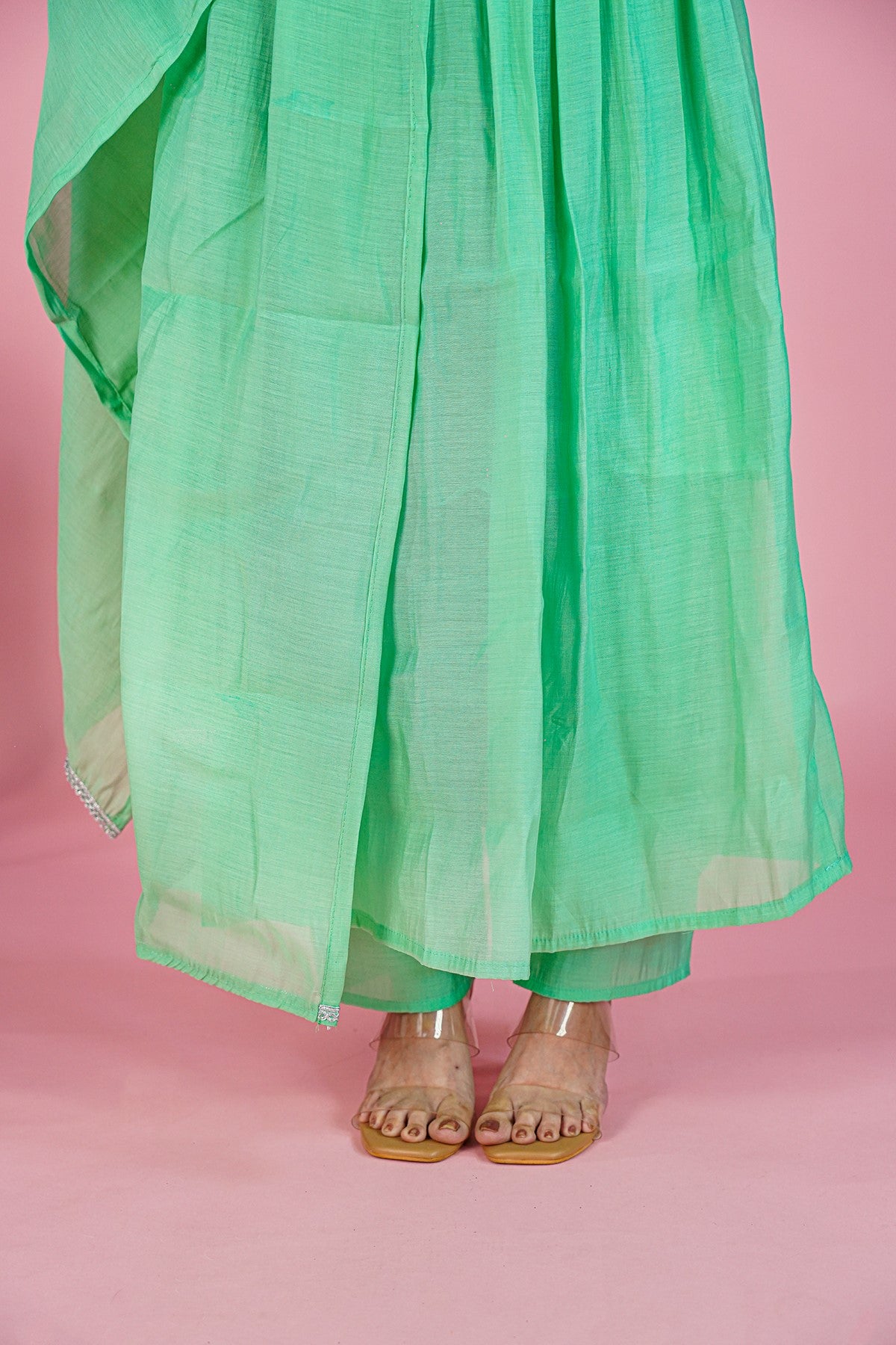 Mul Chanderi Solid Sea Green Kurti Set With Dupatta